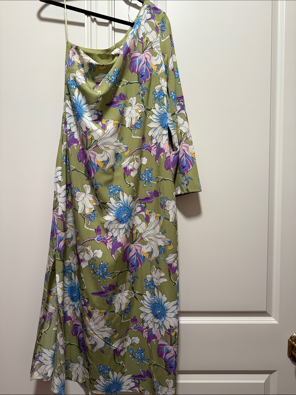 One-Shoulder Olive Floral Slip Dress with Blue & Purple Accents